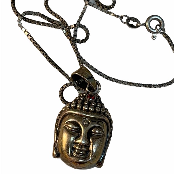 Sterling silver Budda head pendant necklace garnet - Picture 2 of 5